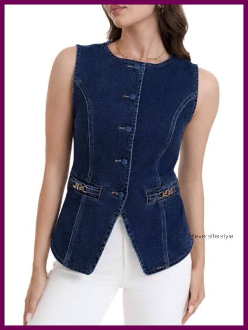 Denim Vest Crewneck Button Down Sleeveless Jean Top Front Slit Pocket